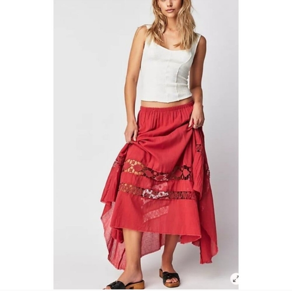 Free People One Costa Brava Asymetrical Skirt Midi Embroidered Pointed Edge - Picture 1 of 6